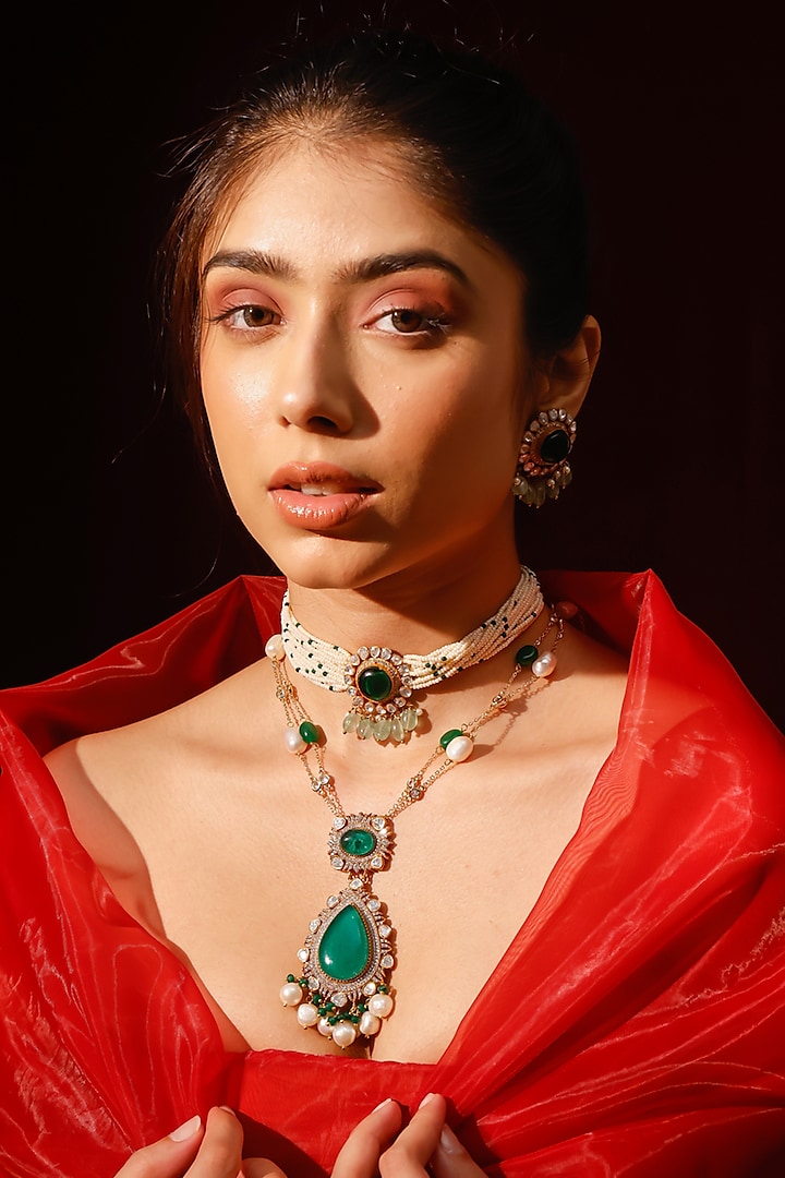 Gold Finish Kundan Polki & Green Stone Necklace Set by Zevar King at Pernia's Pop Up Shop