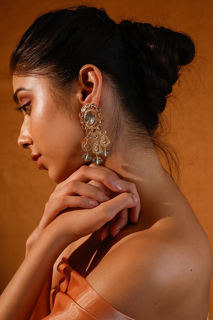 Gold Finish Kundan Polki Dangler Earrings by Zevar King at Pernia's Pop Up Shop
