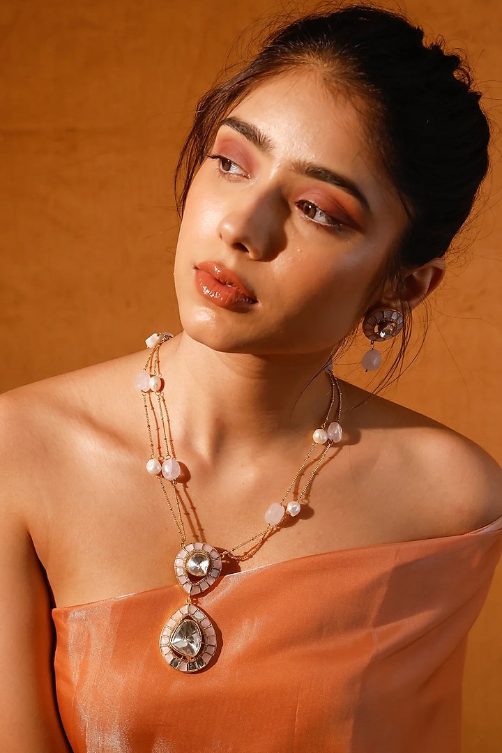 Gold Finish Kundan Polki Pendant Necklace Set by Zevar King at Pernia's Pop Up Shop