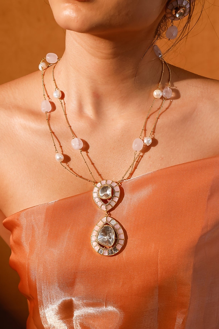 Gold Finish Kundan Polki Pendant Necklace Set by Zevar King at Pernia's Pop Up Shop