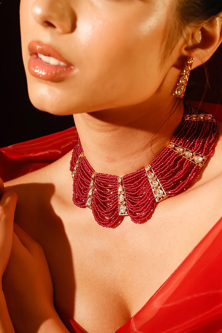 Gold Finish Kundan Polki & Red Stone Choker Necklace Set by Zevar King at Pernia's Pop Up Shop