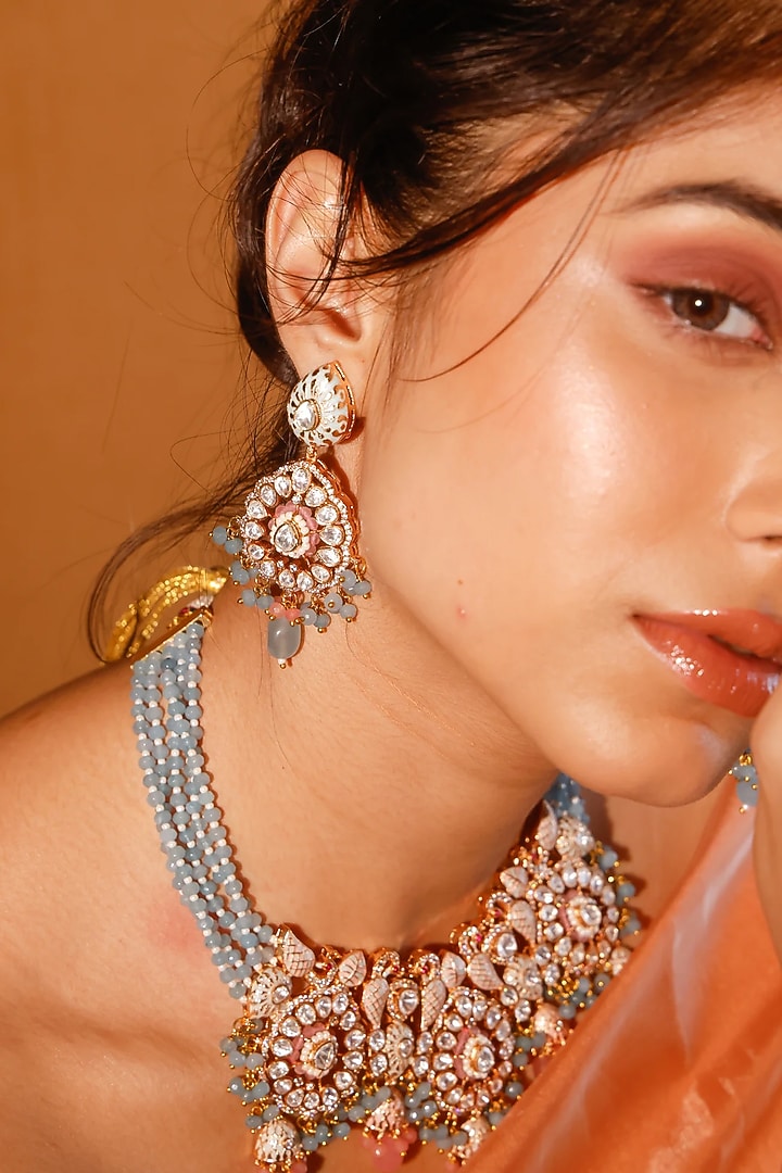 Gold Finish Kundan Polki & Multi-Colored Stone Choker Necklace Set by Zevar King at Pernia's Pop Up Shop