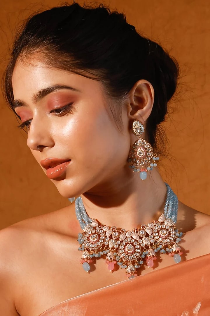 Gold Finish Kundan Polki & Multi-Colored Stone Choker Necklace Set by Zevar King at Pernia's Pop Up Shop