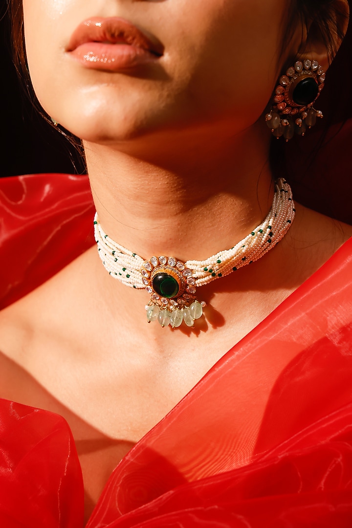Gold Finish Kundan Polki & Green Stone Choker Necklace Set by Zevar King at Pernia's Pop Up Shop