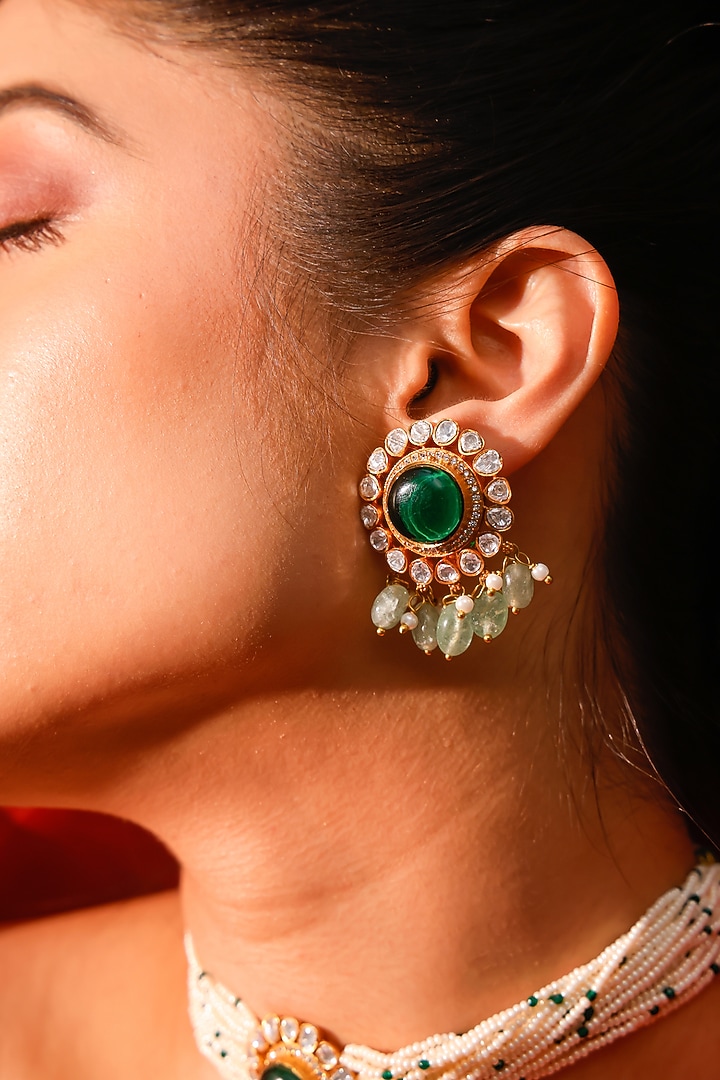 Gold Finish Kundan Polki & Green Stone Choker Necklace Set by Zevar King at Pernia's Pop Up Shop