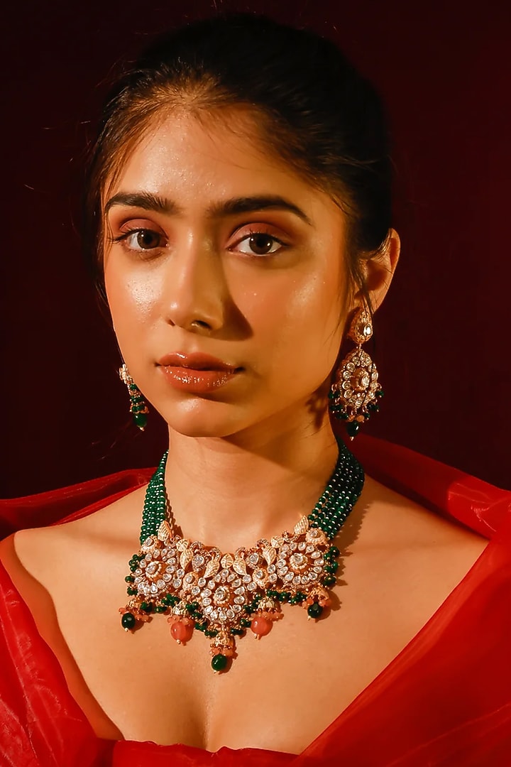 Gold Finish Kundan Polki & Multi-Colored Stone Choker Necklace Set by Zevar King at Pernia's Pop Up Shop