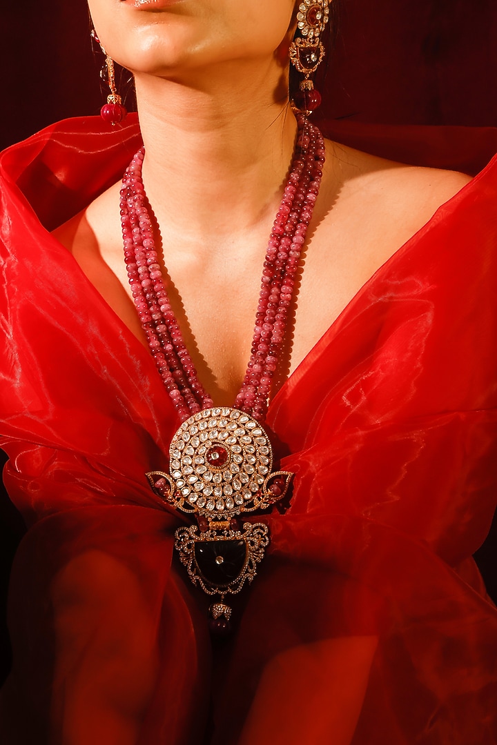 Gold Finish Kundan Polki & Red Stone Long Necklace Set by Zevar King at Pernia's Pop Up Shop