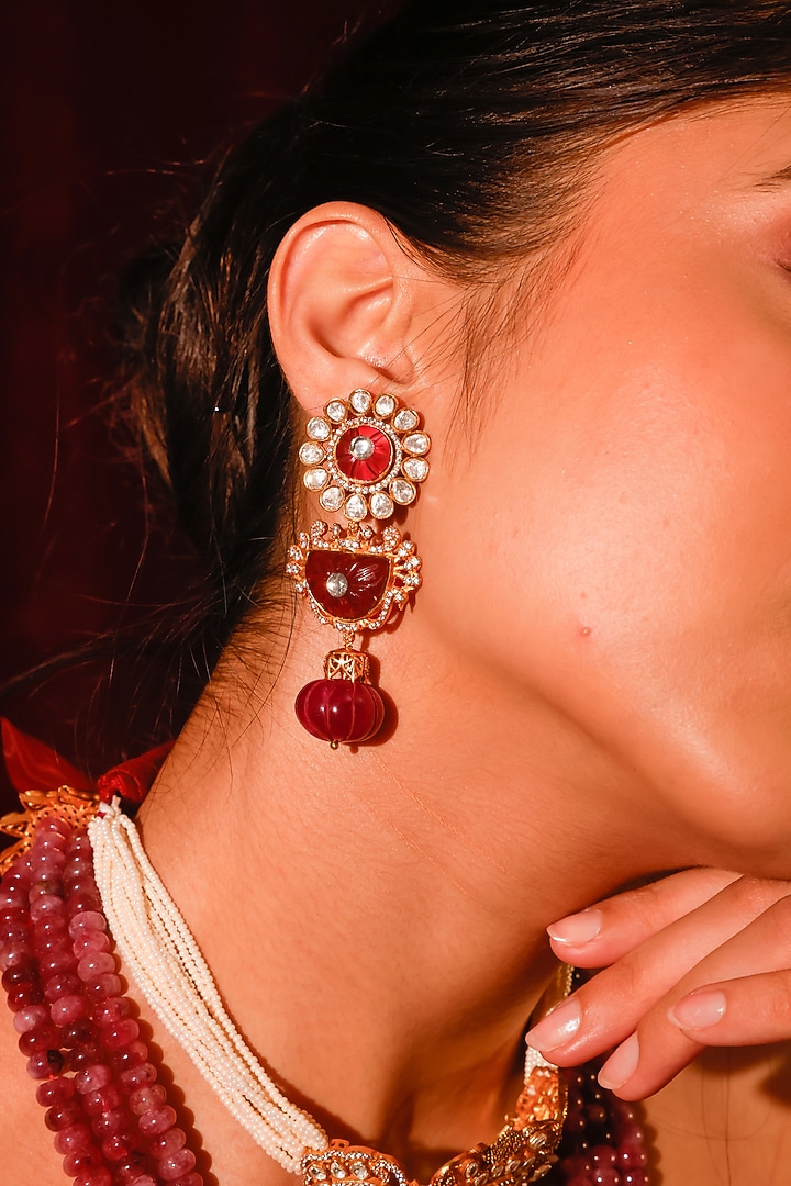 Gold Finish Kundan Polki & Red Stone Long Necklace Set by Zevar King at Pernia's Pop Up Shop