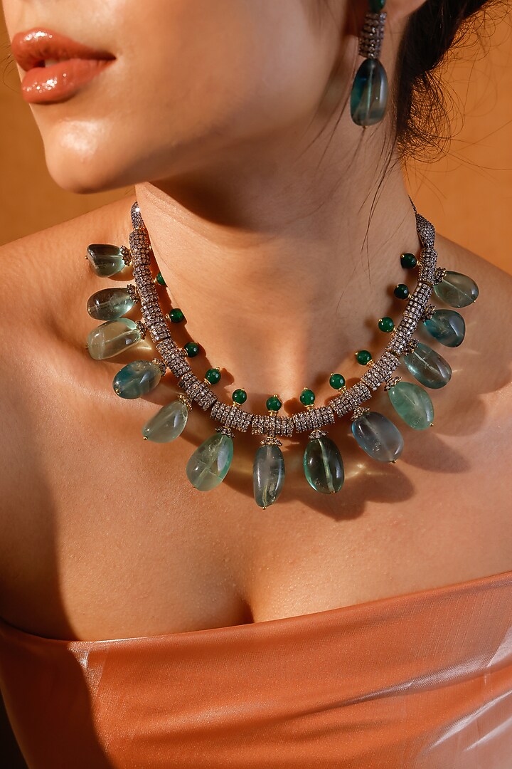 Gold Finish Kundan Polki & Green Stone Choker Necklace Set by Zevar King at Pernia's Pop Up Shop