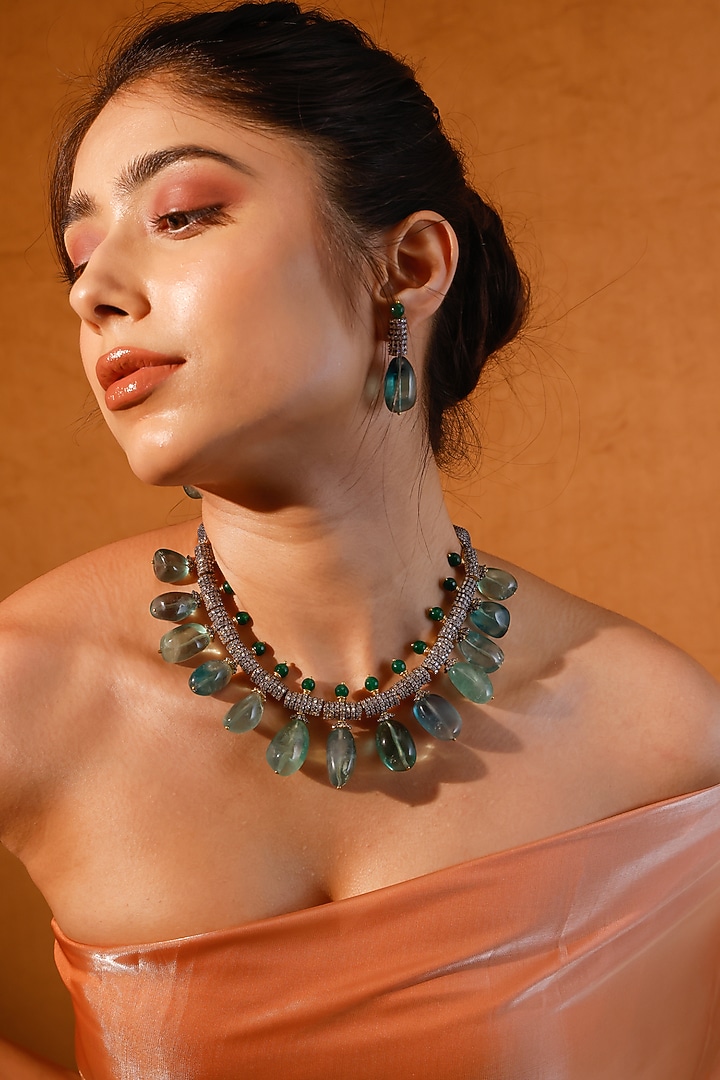 Gold Finish Kundan Polki & Green Stone Choker Necklace Set by Zevar King at Pernia's Pop Up Shop