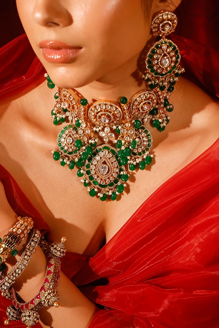Gold Finish Kundan Polki & Green Stone Choker Necklace Set by Zevar King at Pernia's Pop Up Shop