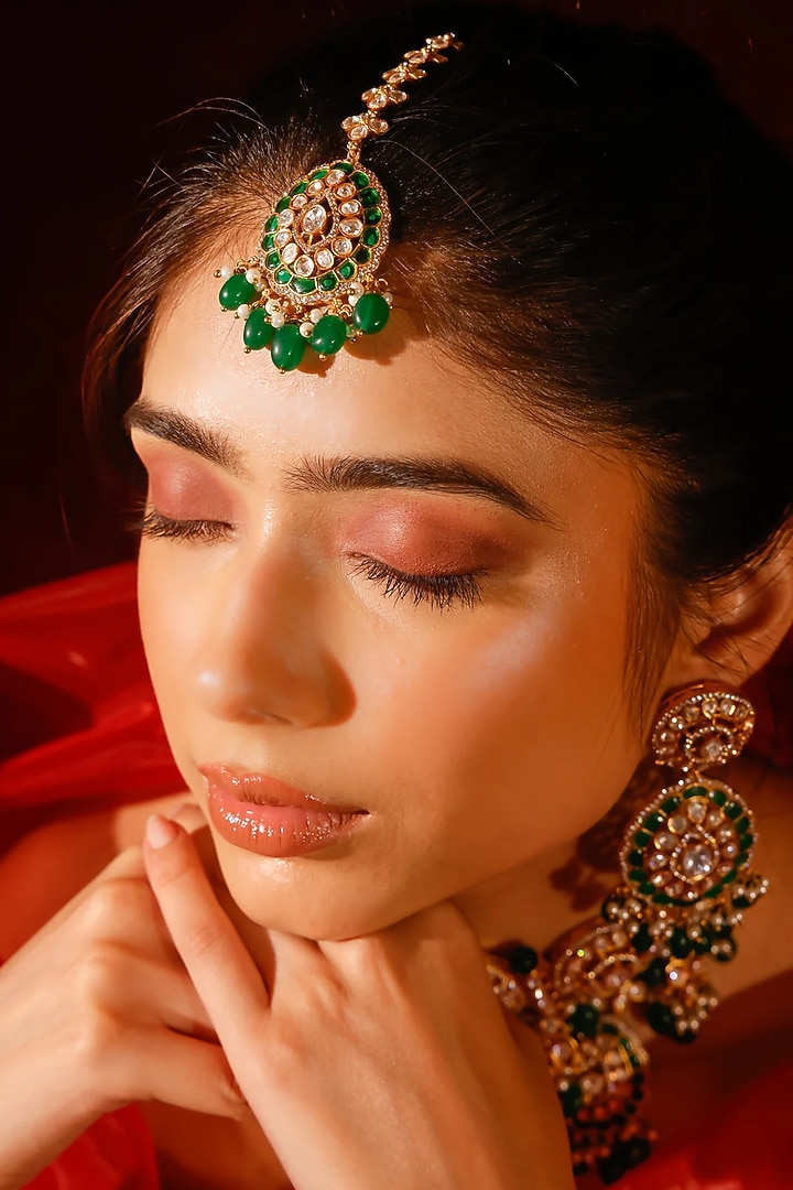 Gold Finish Kundan Polki & Green Stone Choker Necklace Set by Zevar King at Pernia's Pop Up Shop