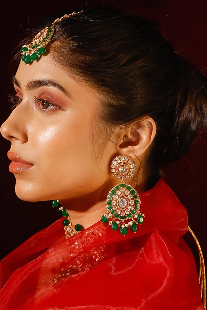 Gold Finish Kundan Polki & Green Stone Choker Necklace Set by Zevar King at Pernia's Pop Up Shop