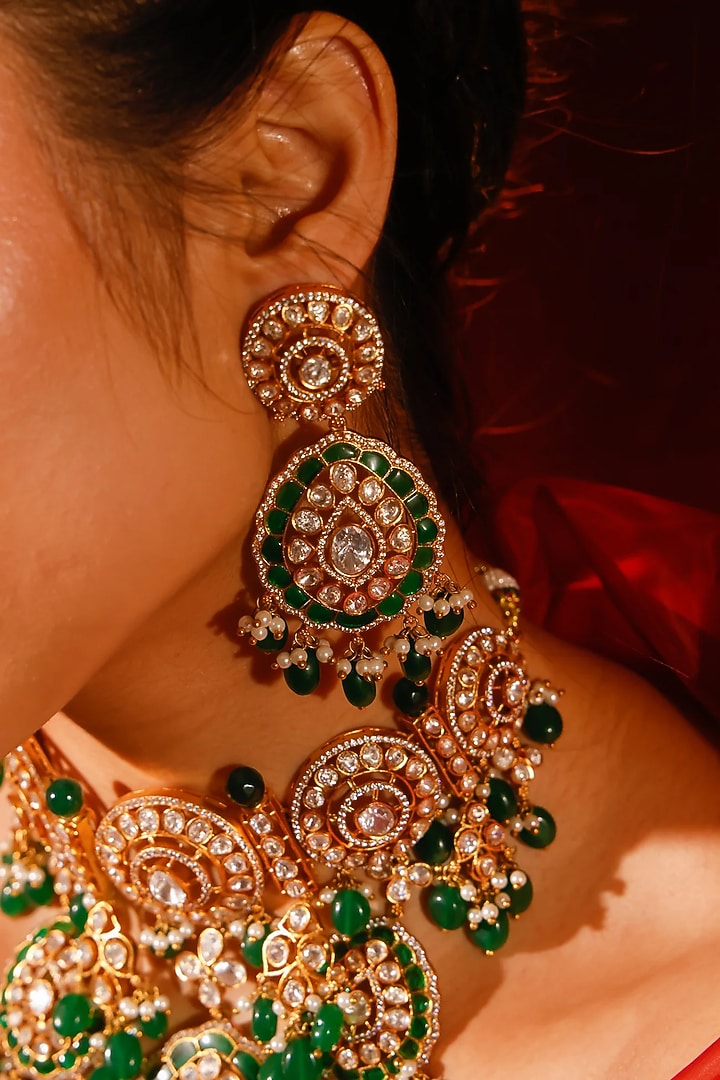 Gold Finish Kundan Polki & Green Stone Choker Necklace Set by Zevar King at Pernia's Pop Up Shop