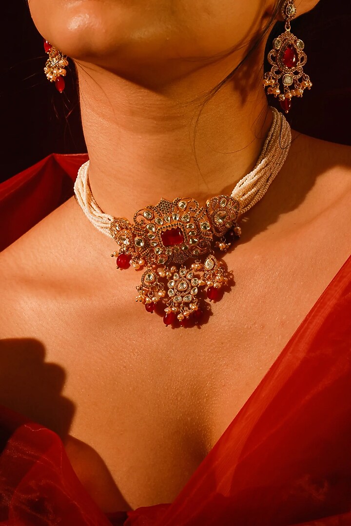 Gold Finish Kundan Polki & Red Stone Choker Necklace Set by Zevar King at Pernia's Pop Up Shop