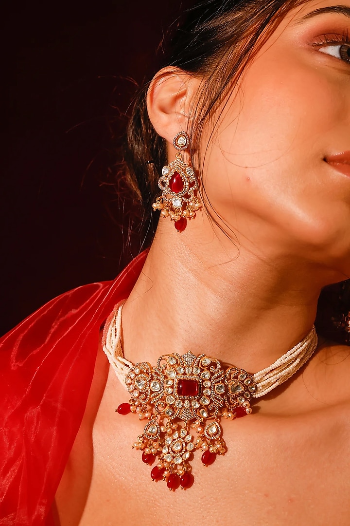 Gold Finish Kundan Polki Red Stone Choker Necklace Set by Zevar