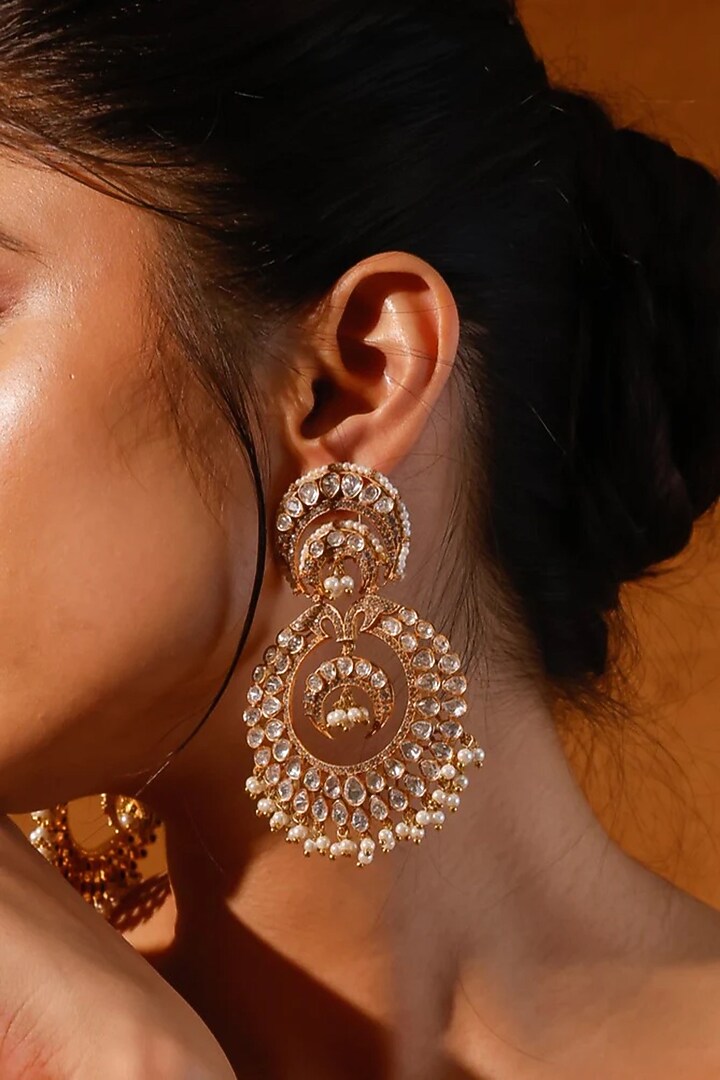 Gold Finish Kundan Polki & Stone Dangler Earrings by Zevar King at Pernia's Pop Up Shop