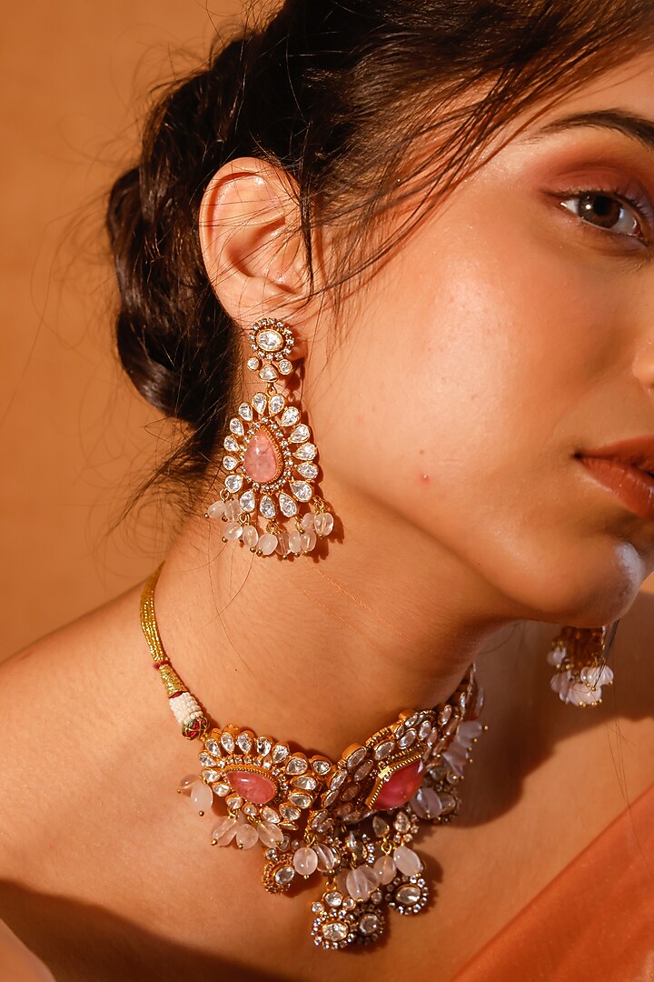 Gold Finish Kundan Polki & Multi-Colored Stone Choker Necklace Set by Zevar King at Pernia's Pop Up Shop