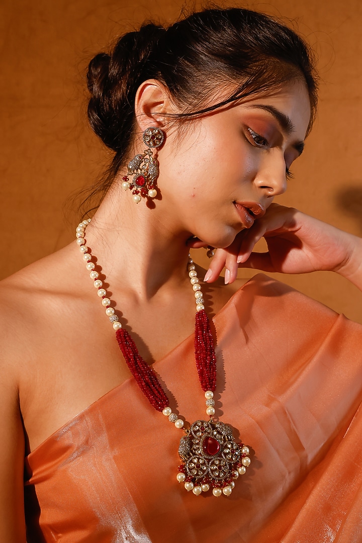 Gold Finish Kundan Polki & Multi-Colored Stone Long Necklace Set by Zevar King at Pernia's Pop Up Shop