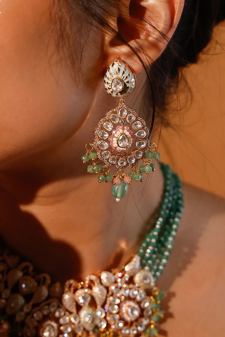 Gold Finish Kundan Polki & Multi-Colored Stone Choker Necklace Set by Zevar King at Pernia's Pop Up Shop