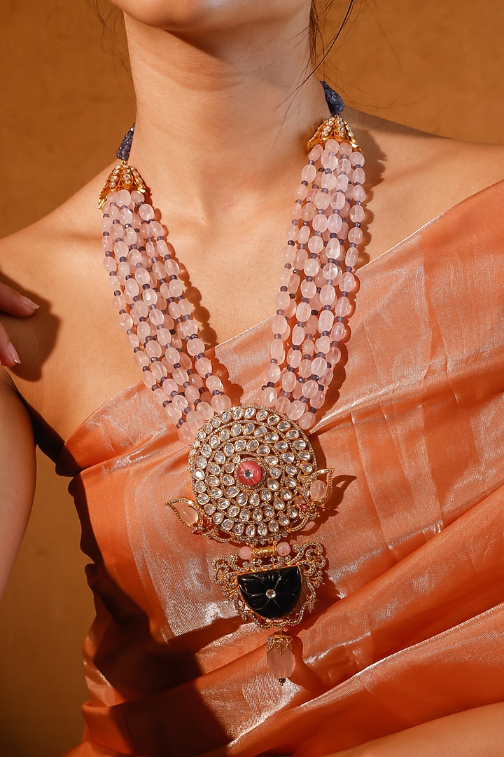 Gold Finish Kundan Polki & Multi-Colored Stone Long Necklace Set by Zevar King at Pernia's Pop Up Shop