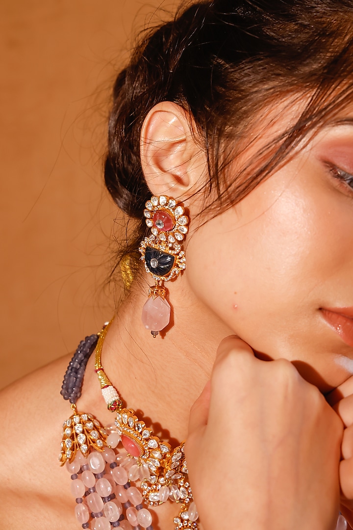 Gold Finish Kundan Polki & Multi-Colored Stone Long Necklace Set by Zevar King at Pernia's Pop Up Shop
