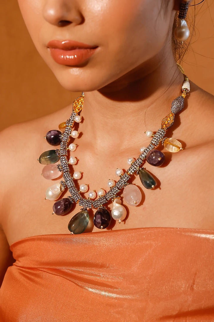 Gold Finish Kundan Polki & Multi-Colored Stone Necklace Set by Zevar King at Pernia's Pop Up Shop