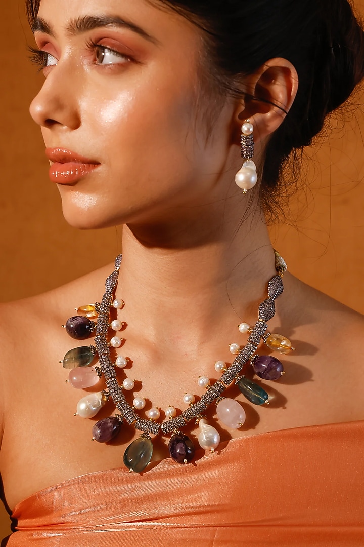 Gold Finish Kundan Polki & Multi-Colored Stone Necklace Set by Zevar King at Pernia's Pop Up Shop