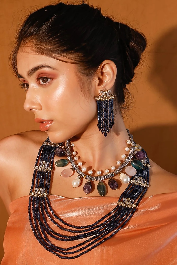 Gold Finish Kundan Polki & Multi-Colored Stone Long Necklace Set by Zevar King at Pernia's Pop Up Shop