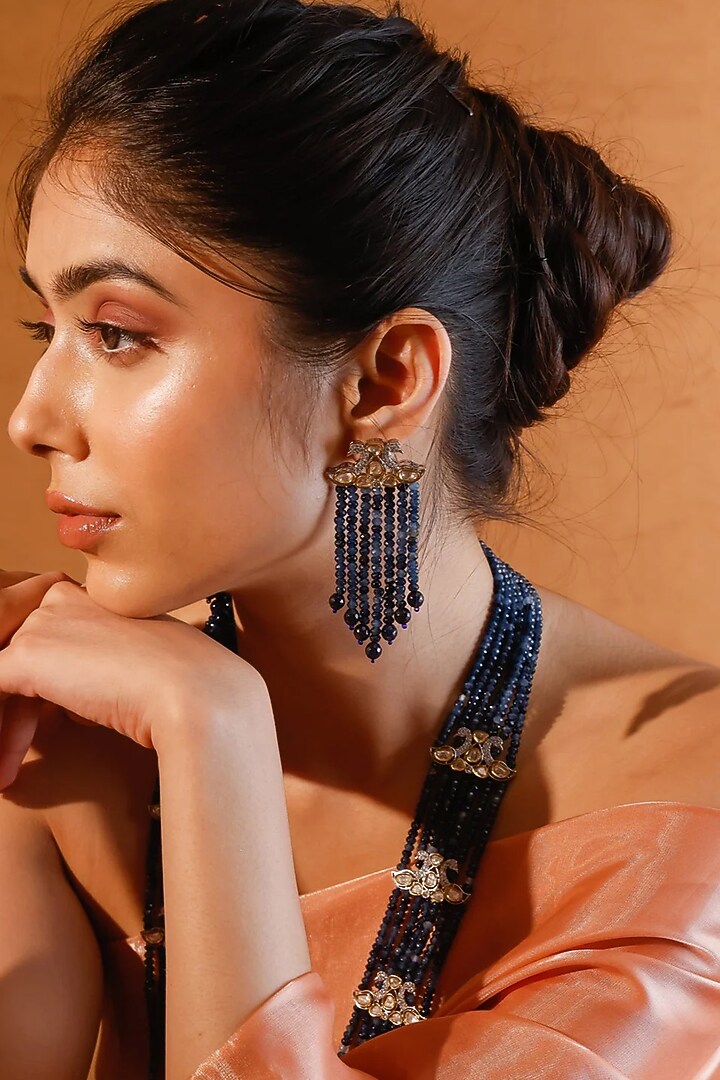 Gold Finish Kundan Polki & Multi-Colored Stone Long Necklace Set by Zevar King at Pernia's Pop Up Shop