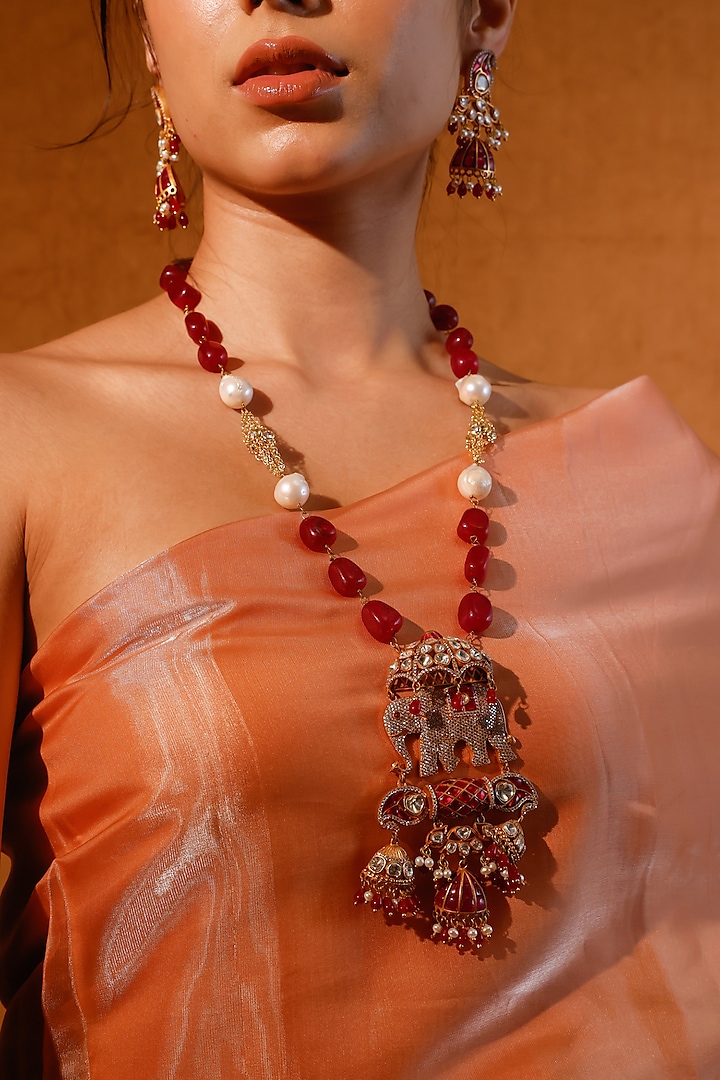 Gold Finish Kundan Polki & Multi-Colored Stone Long Necklace Set by Zevar King