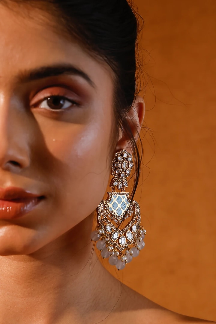 Gold Finish Kundan Polki & Stone Dangler Earrings by Zevar King at Pernia's Pop Up Shop