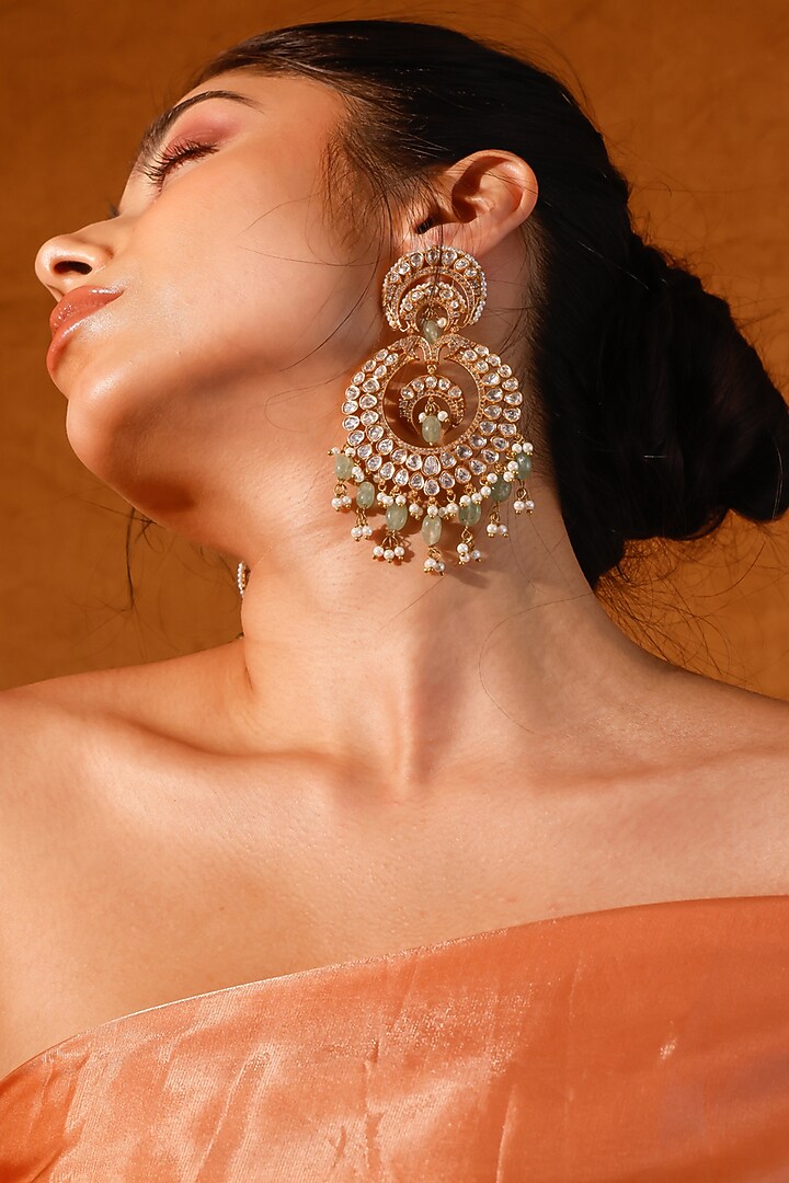 Gold Finish Kundan Polki & Pink Stone Dangler Earrings by Zevar King at Pernia's Pop Up Shop