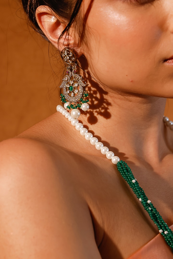 Gold Finish Kundan Polki & Multi-Colored Stone Long Necklace Set by Zevar King at Pernia's Pop Up Shop