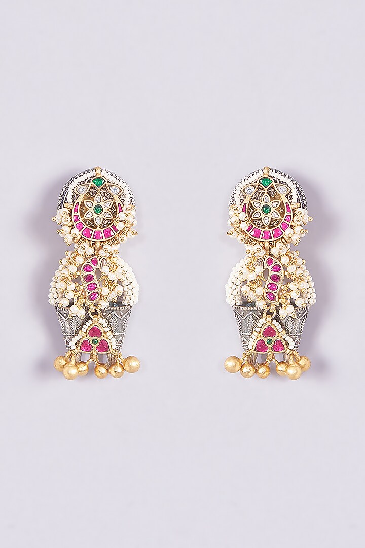 Gold Finish Kundan Polki & Multi-Colored Stone Earrings by Zevar King at Pernia's Pop Up Shop