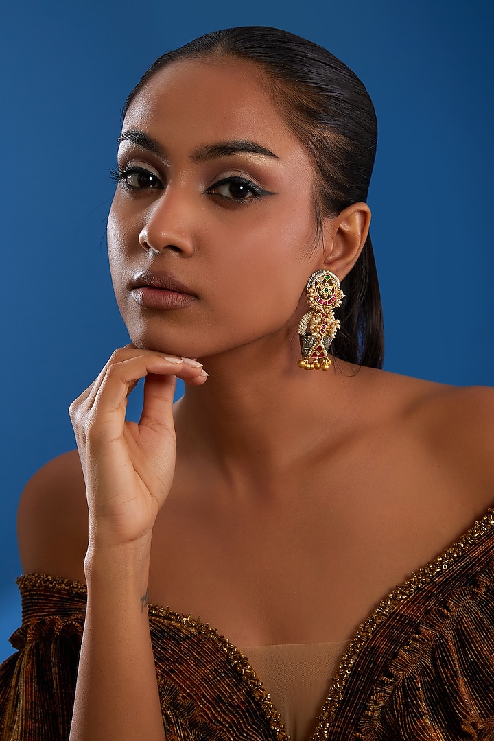 Gold Finish Kundan Polki & Multi-Colored Stone Earrings by Zevar King at Pernia's Pop Up Shop