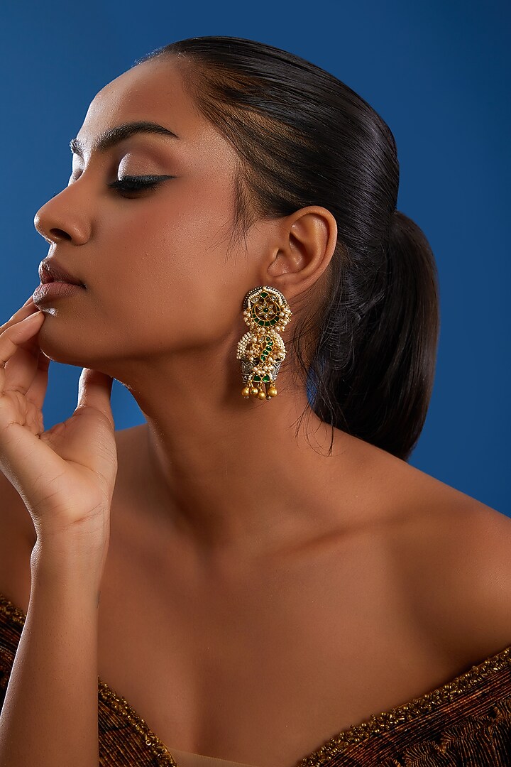 Gold Finish Kundan Polki & Multi-Colored Stone Earrings by Zevar King at Pernia's Pop Up Shop