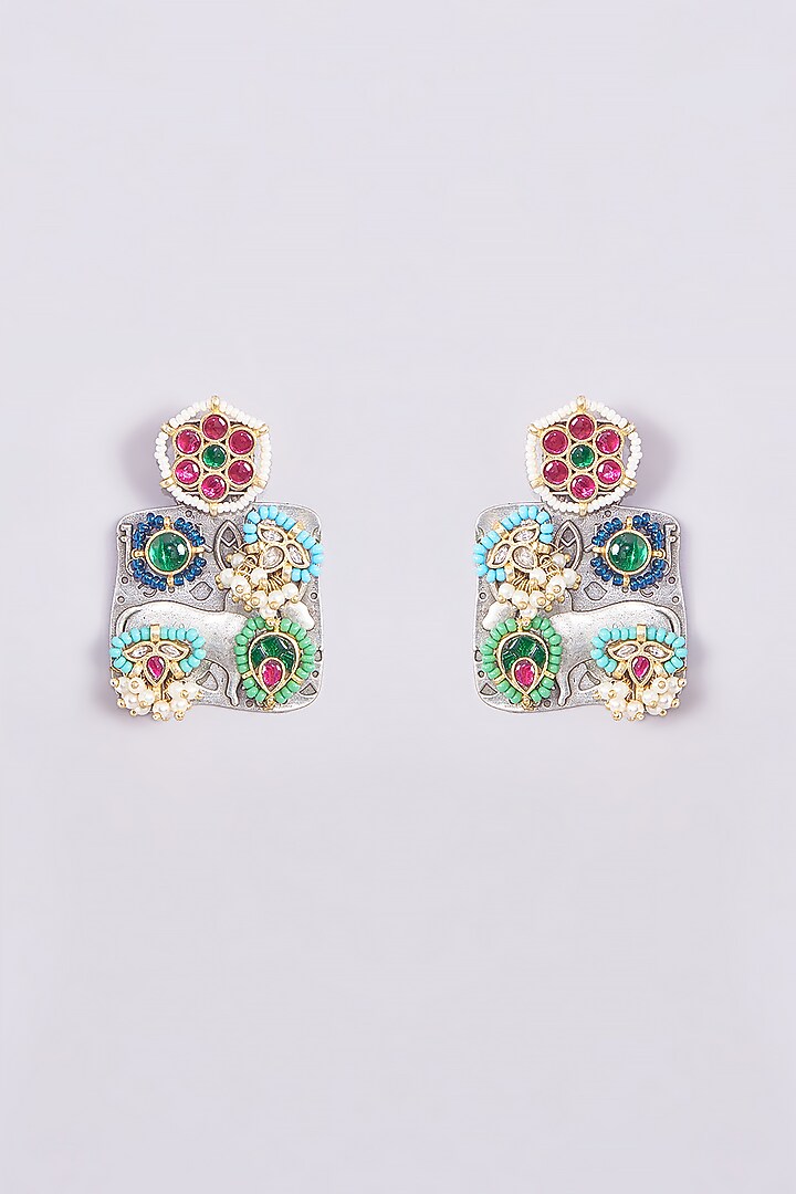 Gold Finish Kundan Polki & Multi-Colored Stone Earrings by Zevar King at Pernia's Pop Up Shop