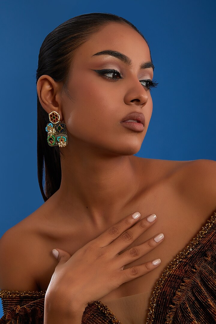 Gold Finish Kundan Polki & Multi-Colored Stone Earrings by Zevar King at Pernia's Pop Up Shop