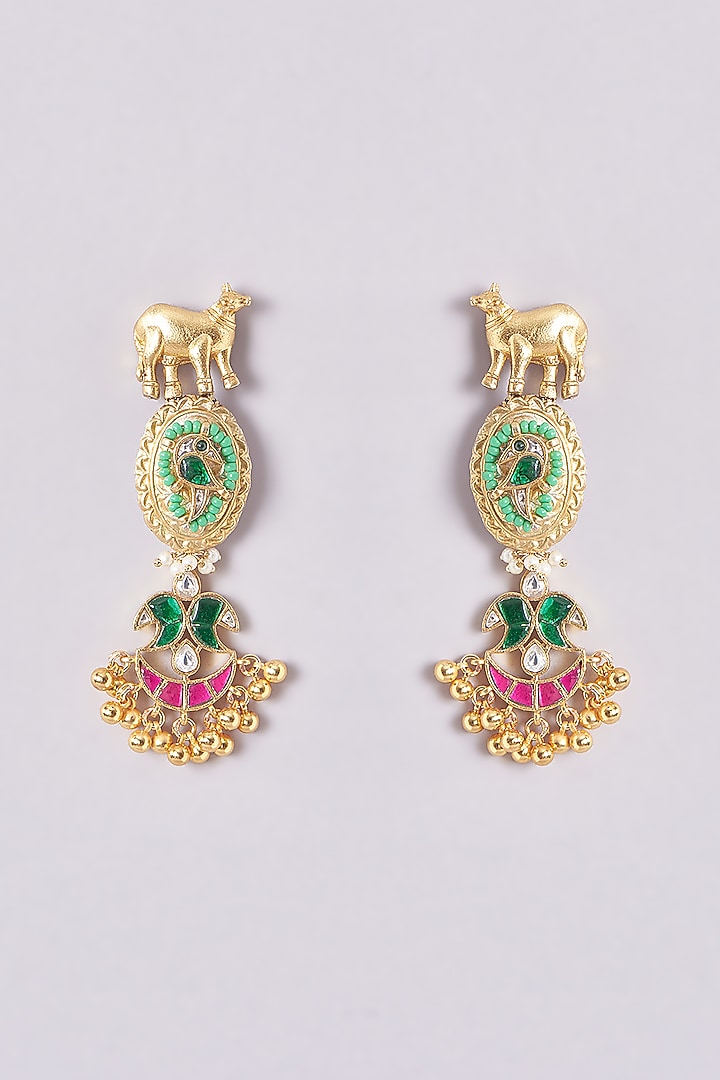 Gold Finish Kundan Polki & Multi-Colored Stone Earrings by Zevar King at Pernia's Pop Up Shop