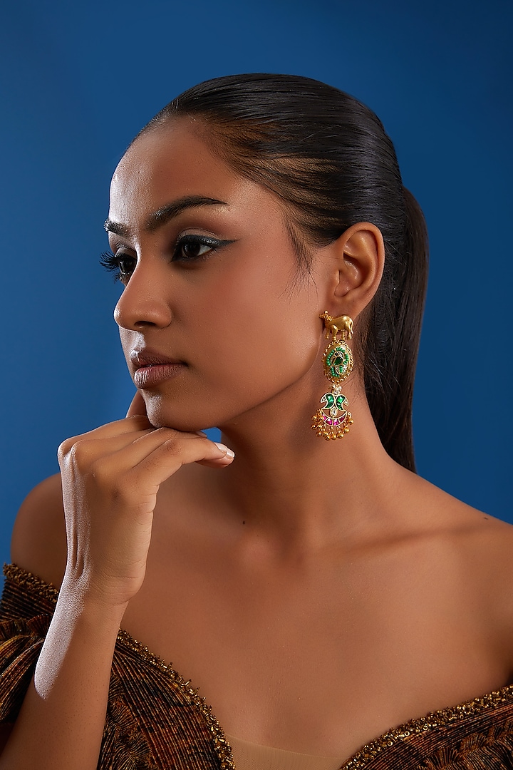 Gold Finish Kundan Polki & Multi-Colored Stone Earrings by Zevar King at Pernia's Pop Up Shop