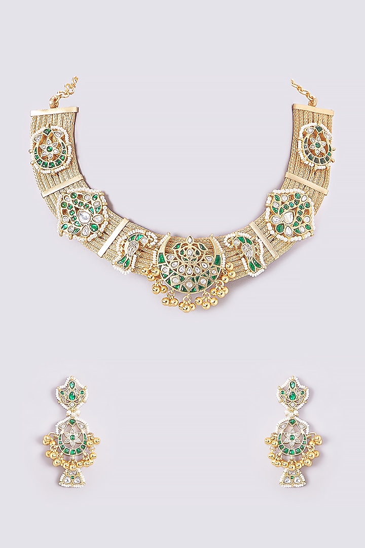 Gold Finish Kundan Polki & Stone Necklace Set by Zevar King at Pernia's Pop Up Shop