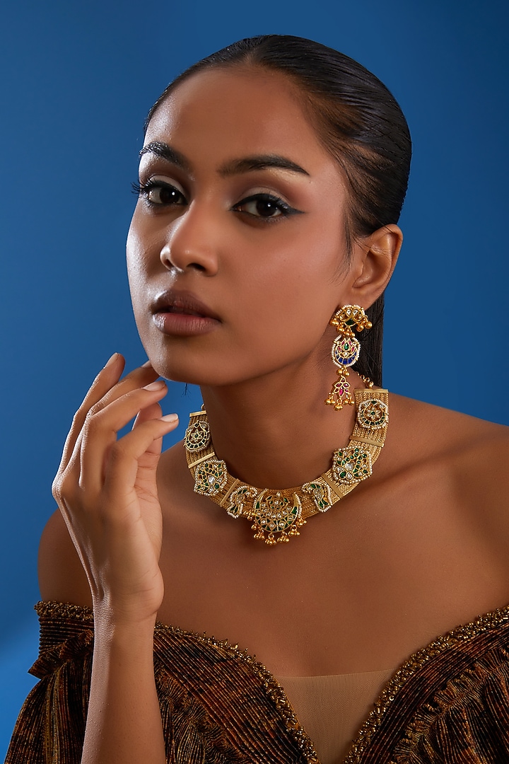 Gold Finish Kundan Polki & Stone Necklace Set by Zevar King at Pernia's Pop Up Shop