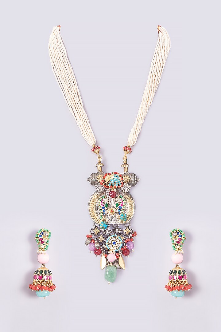 Gold Finish Kundan Polki & Multi-Colored Stone Long Necklace Set by Zevar King at Pernia's Pop Up Shop