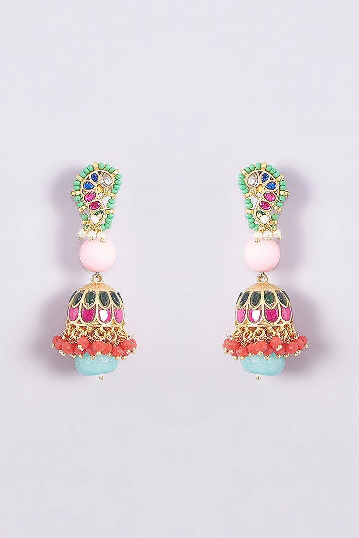 Gold Finish Kundan Polki & Multi-Colored Stone Long Necklace Set by Zevar King at Pernia's Pop Up Shop
