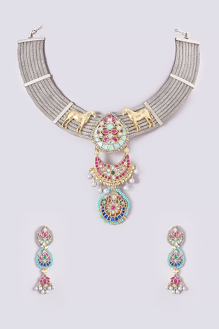 Gold Finish Kundan Polki & Multi-Colored Stone Necklace Set by Zevar King at Pernia's Pop Up Shop