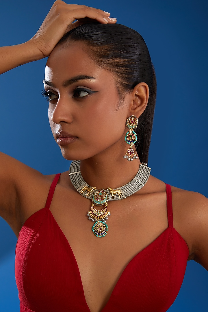 Gold Finish Kundan Polki & Multi-Colored Stone Necklace Set by Zevar King at Pernia's Pop Up Shop