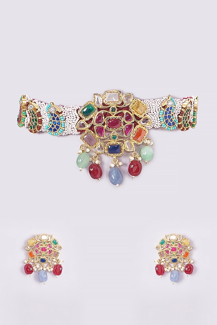 Gold Finish Kundan Polki & Multi-Colored Stone Necklace Set by Zevar King at Pernia's Pop Up Shop