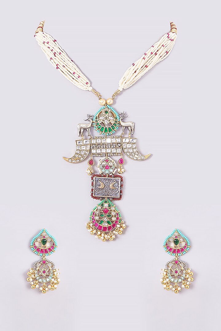 Gold Finish Kundan Polki & Multi-Colored Stone Necklace Set by Zevar King at Pernia's Pop Up Shop