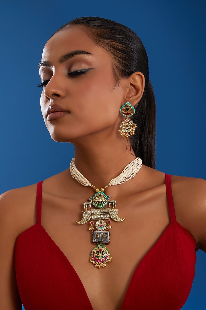 Gold Finish Kundan Polki & Multi-Colored Stone Necklace Set by Zevar King at Pernia's Pop Up Shop